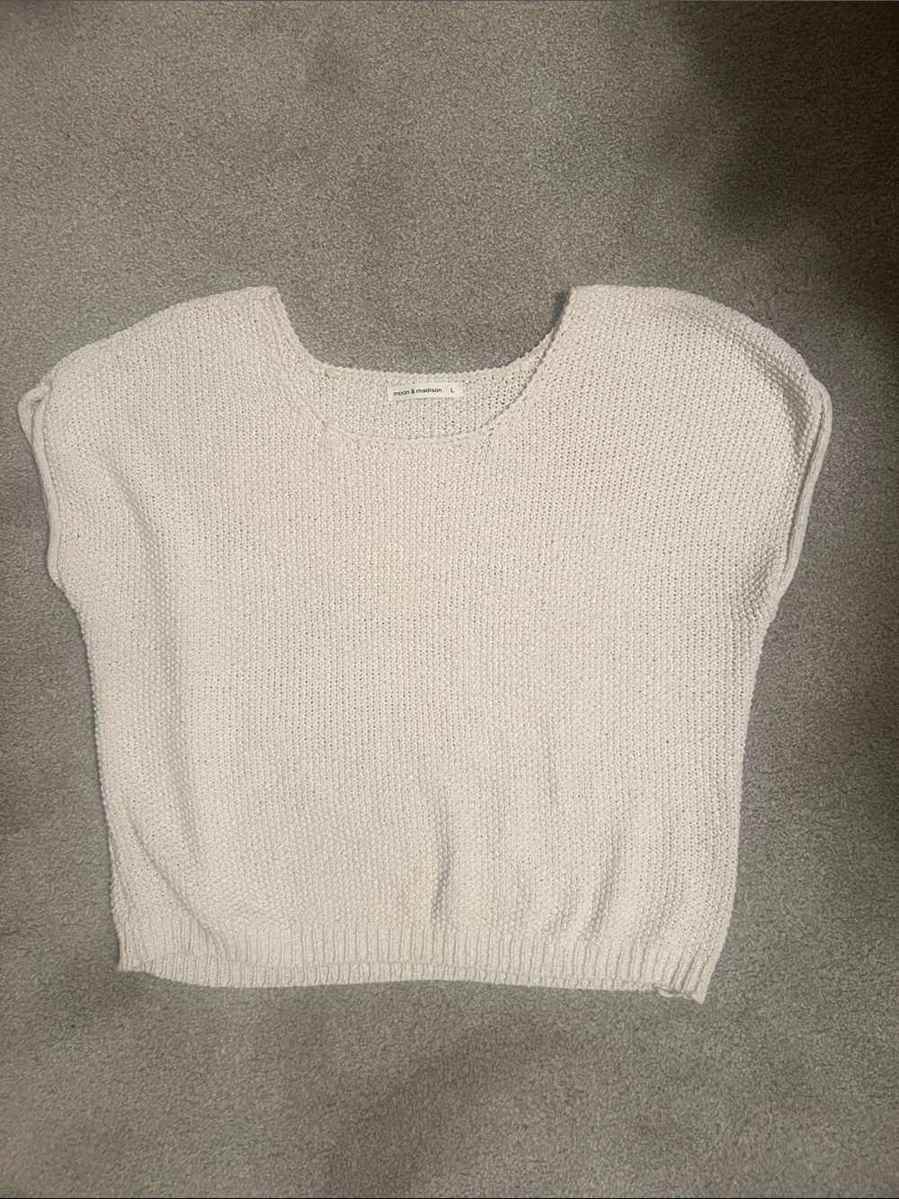 moon & madison Cream Knit Cap-Sleeve Crewneck Sweater
